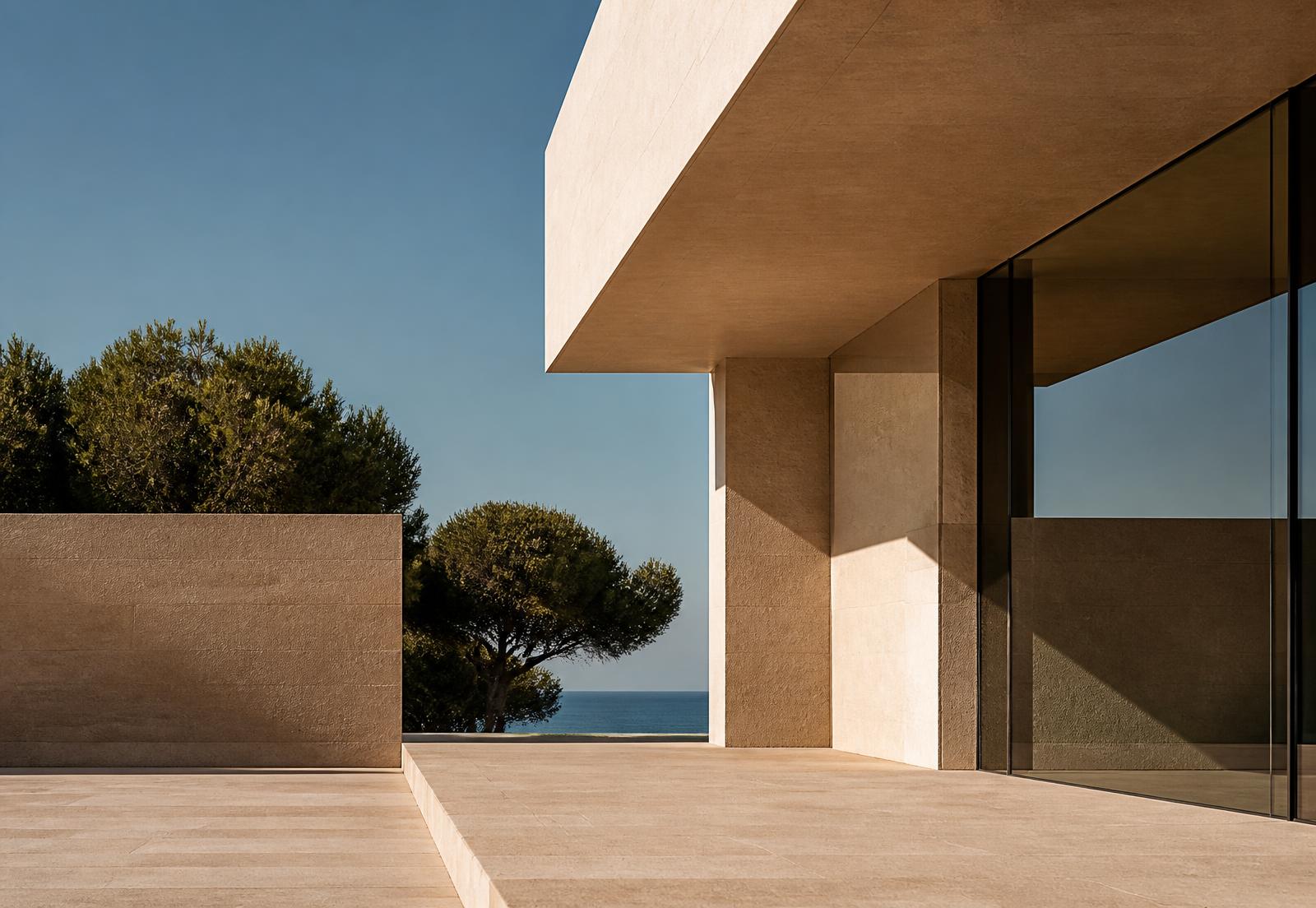 Contemporary Mediterranean architecture in warm limestone and glass under strong natural light