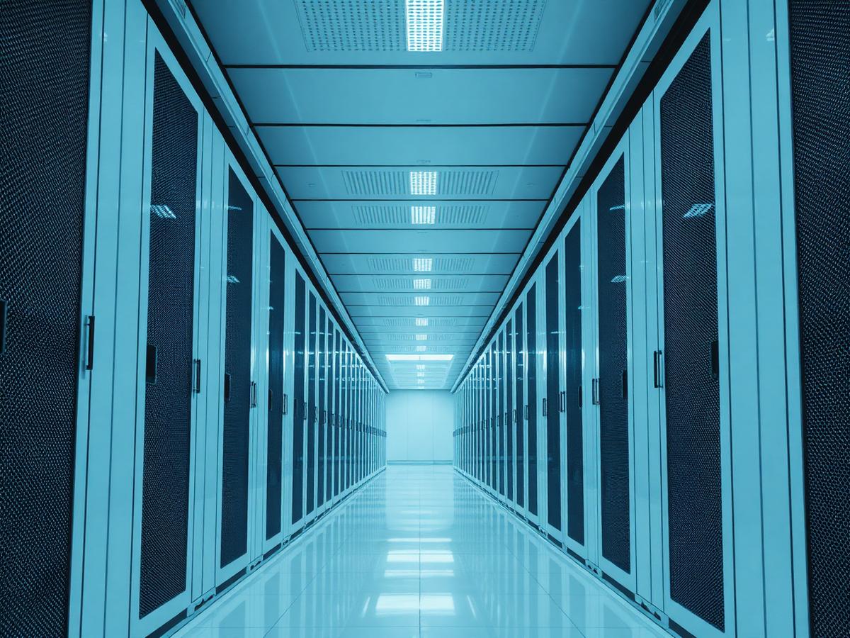 Corridor of server racks inside a contemporary data centre